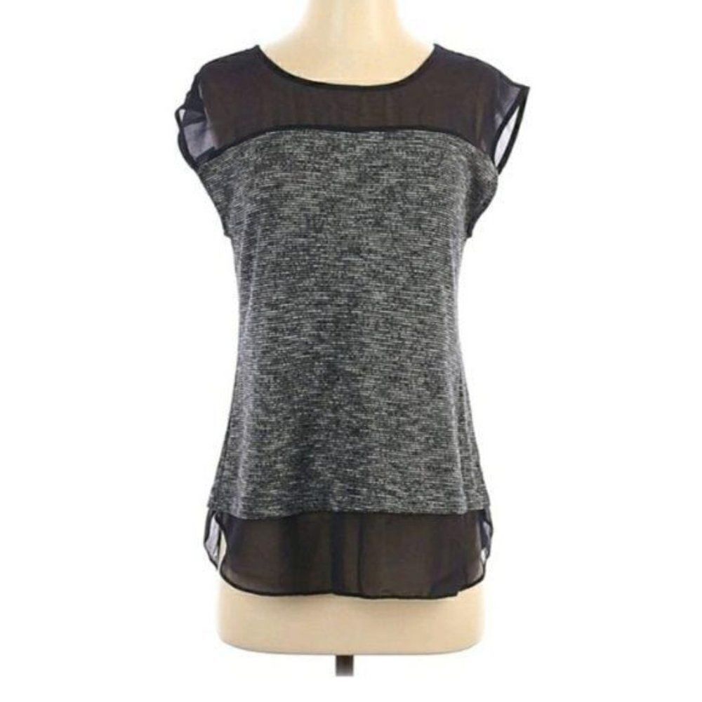 Ann Taylor Top Crewneck Knit‎ Sheer Layered Space Dyed Color Blocked Black Sz S